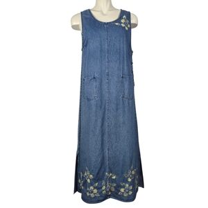 Agapo Women's Blue Denim Sleeveless Maxi Dress Floral Lace Applique Size M